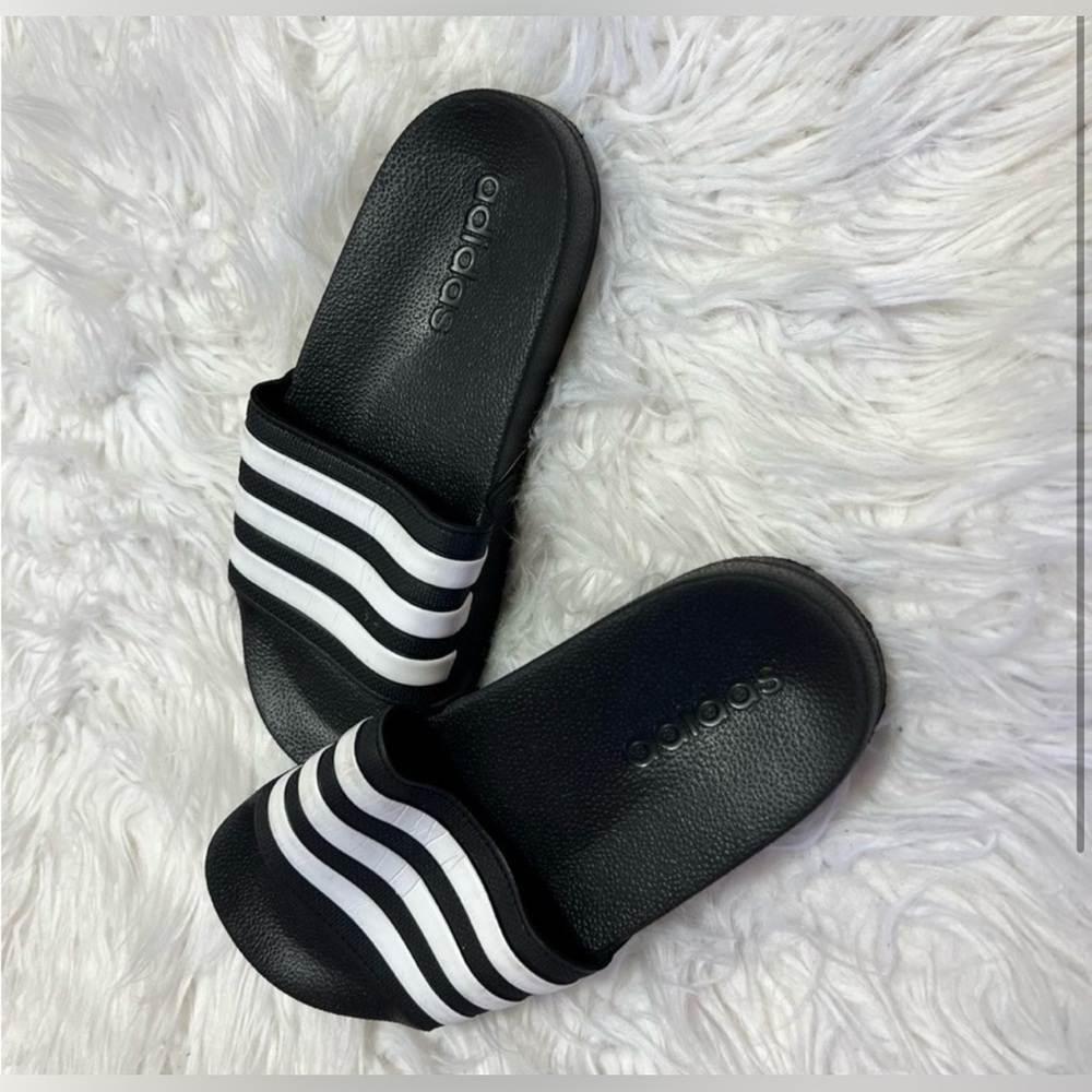 Adidas Black and White Striped Slides size 2